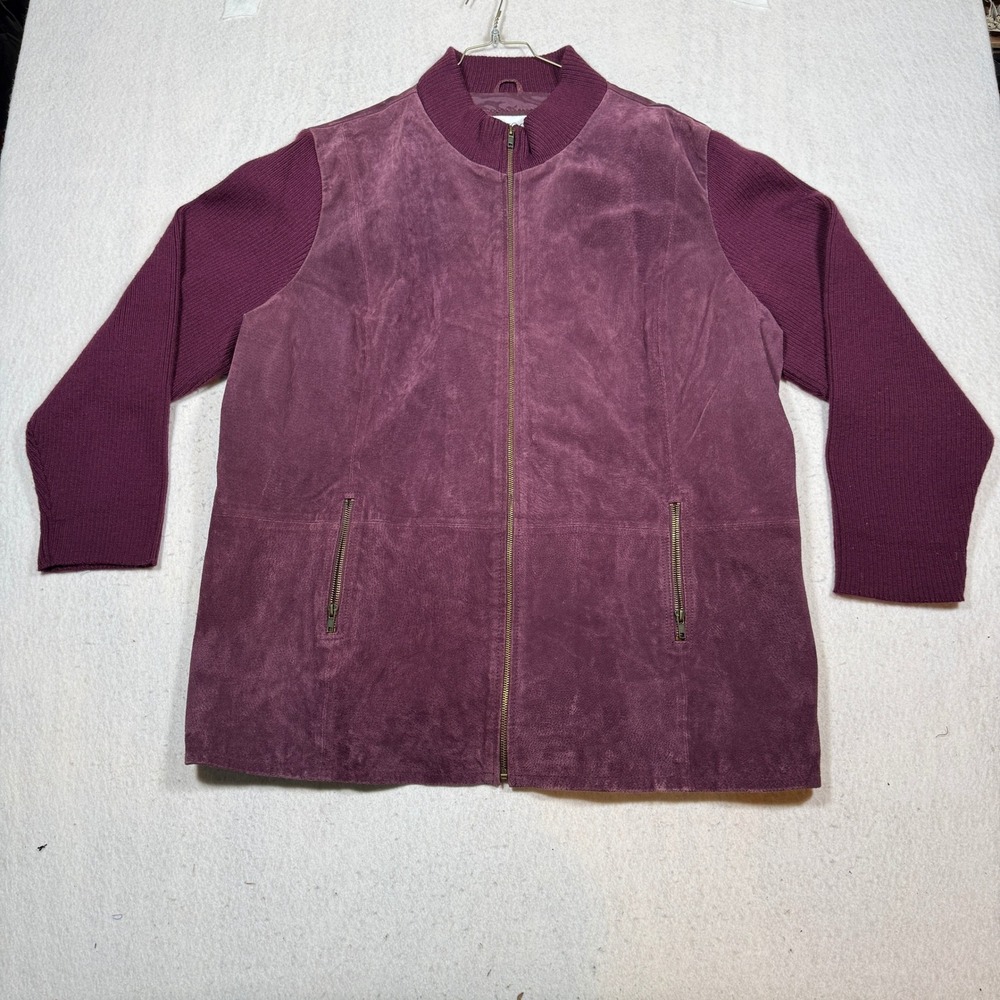 JG Hook Womens 28W Purple Suede Leather Ribbed Knit Sleeve Zip Jacket 24-0593-4